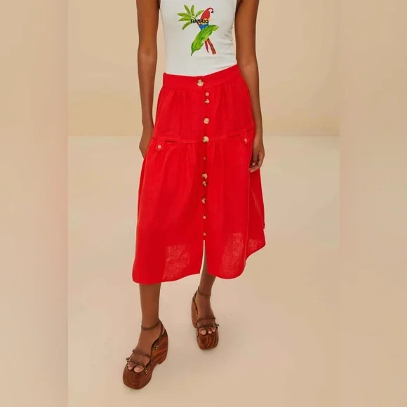 FARM RIO Red Mixed Buttons Euroflax™ Premium Linen Midi Skirt - Picture 2 of 3